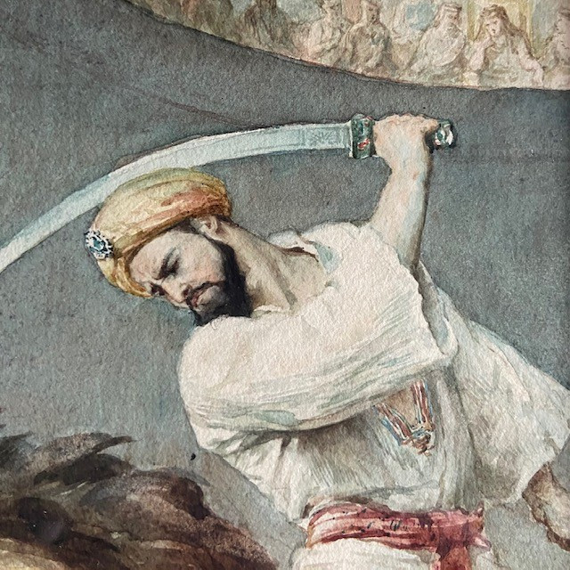 Frédéric La Guillermie (1841-1934), Watercolor, Orientalism, Voltaire's Tale, Babylon, Lion-photo-3