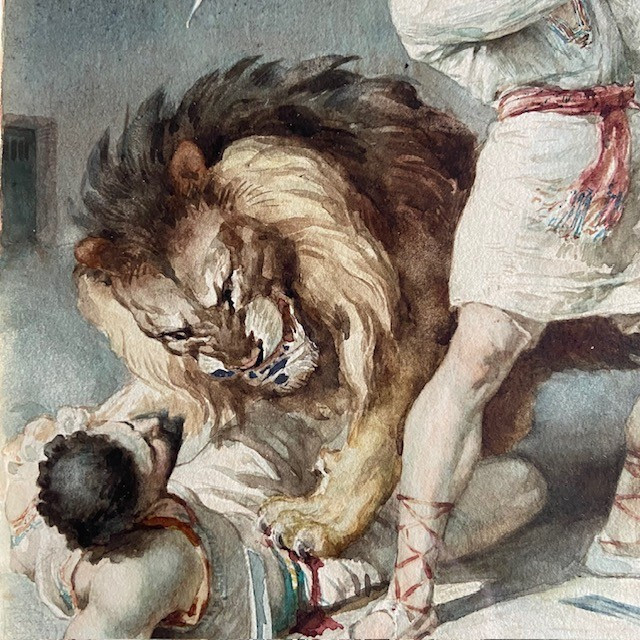 Frédéric La Guillermie (1841-1934), Watercolor, Orientalism, Voltaire's Tale, Babylon, Lion-photo-4