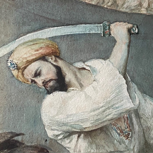 Frédéric La Guillermie (1841-1934), Watercolor, Orientalism, Voltaire's Tale, Babylon, Lion-photo-3