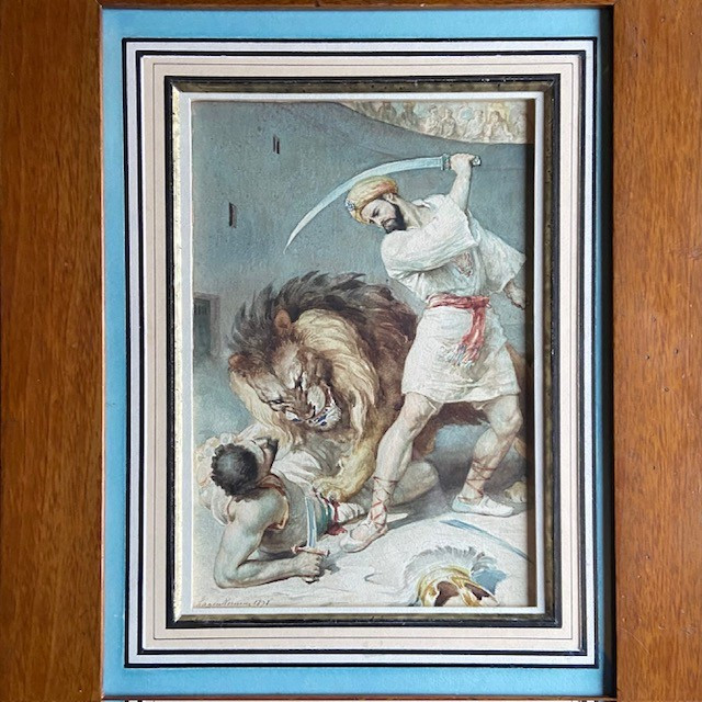 Frédéric La Guillermie (1841-1934), Watercolor, Orientalism, Voltaire's Tale, Babylon, Lion-photo-5