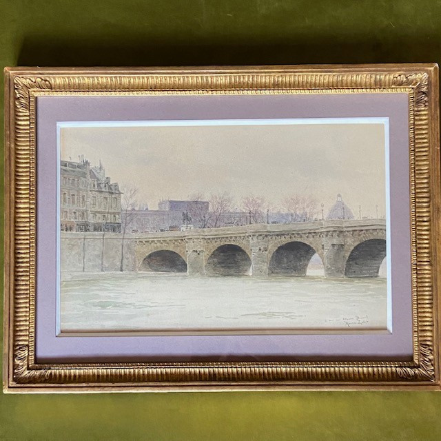 Maurice LELOIR (1853-1940), Paris, le Pont Neuf, aquarelle signée dédicacée bien encadrée-photo-1