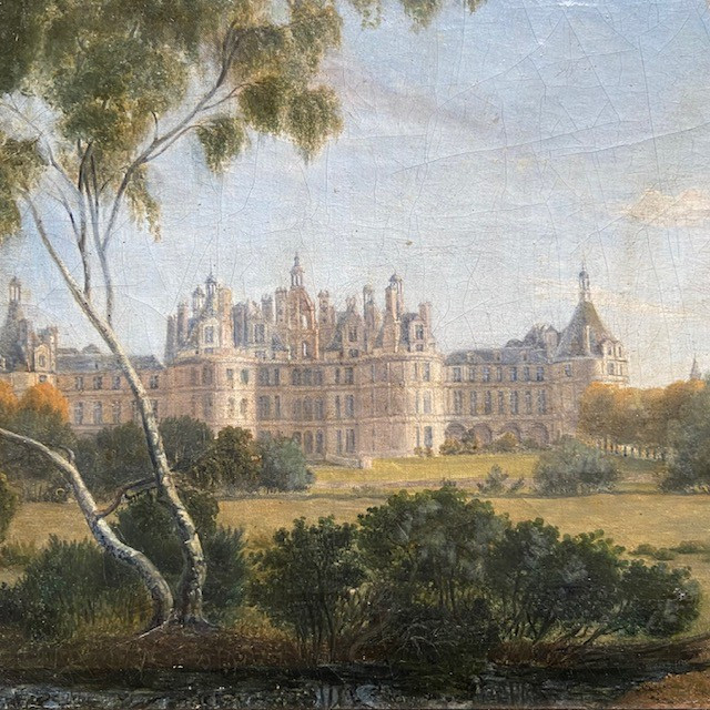Ecole Française du début du XIXe siècle, vue du château de Chambord, paysage, cadre ancien doré-photo-2