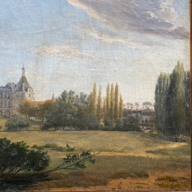 Ecole Française du début du XIXe siècle, vue du château de Chambord, paysage, cadre ancien doré-photo-3