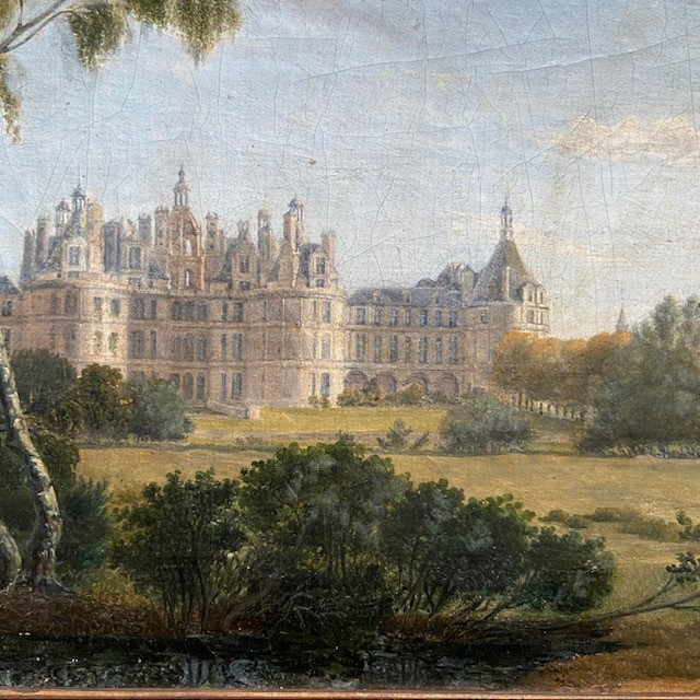 Ecole Française du début du XIXe siècle, vue du château de Chambord, paysage, cadre ancien doré-photo-4