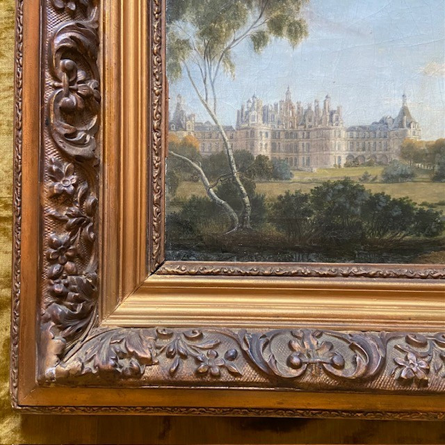 Ecole Française du début du XIXe siècle, vue du château de Chambord, paysage, cadre ancien doré-photo-1