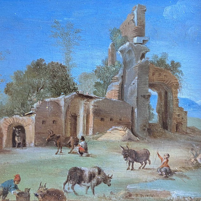 Paire d'huiles sur cuivre, Ecole XVIIIe, paysages animés datés, monogramme BD, cadre acajou-photo-4