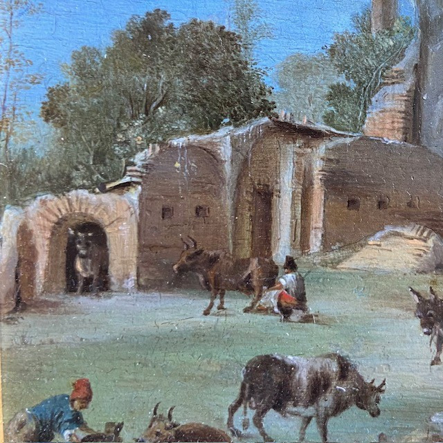 Paire d'huiles sur cuivre, Ecole XVIIIe, paysages animés datés, monogramme BD, cadre acajou-photo-1
