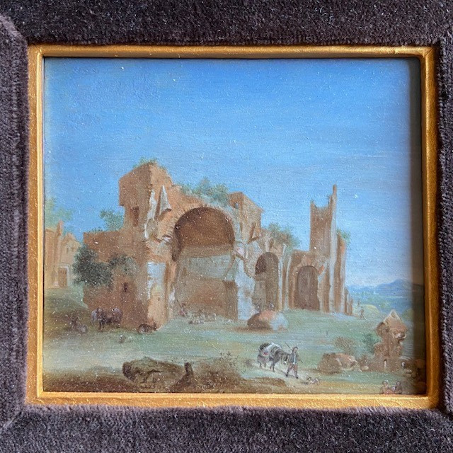 Paire d'huiles sur cuivre, Ecole XVIIIe, paysages animés datés, monogramme BD, cadre acajou-photo-3