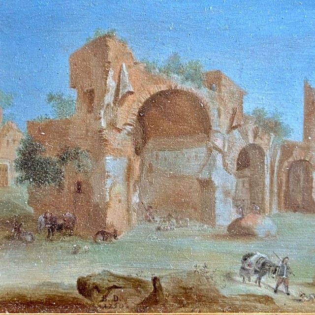 Paire d'huiles sur cuivre, Ecole XVIIIe, paysages animés datés, monogramme BD, cadre acajou-photo-4
