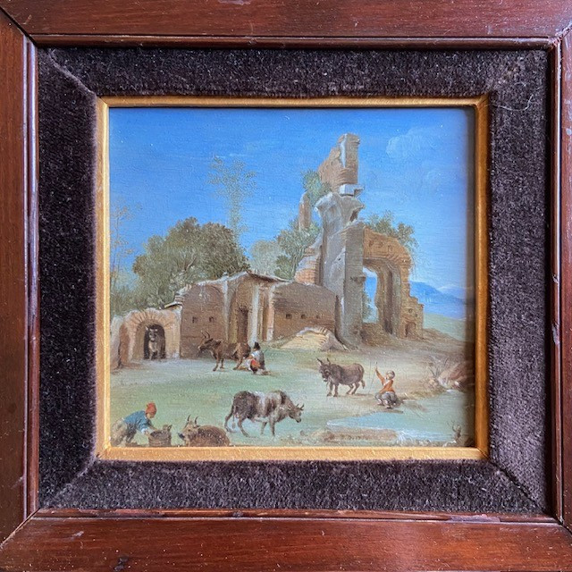 Paire d'huiles sur cuivre, Ecole XVIIIe, paysages animés datés, monogramme BD, cadre acajou-photo-6