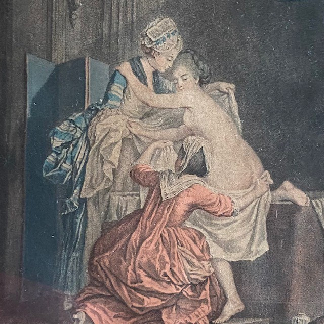 Paire gravures XIXe, goût XVIIIe, d'ap. REGNAULT et BAUDOUIN, le Lever et le Bain, jeune femme-photo-1