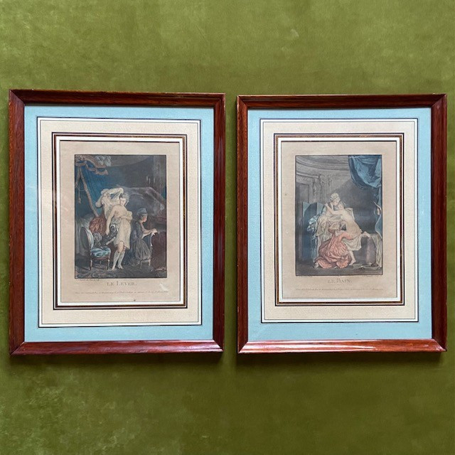 Paire gravures XIXe, goût XVIIIe, d'ap. REGNAULT et BAUDOUIN, le Lever et le Bain, jeune femme-photo-7