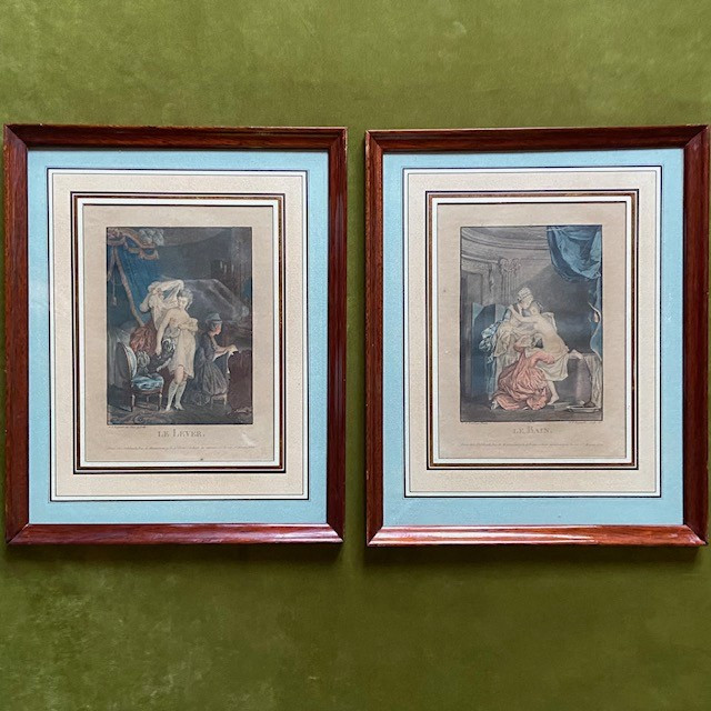 Paire gravures XIXe, goût XVIIIe, d'ap. REGNAULT et BAUDOUIN, le Lever et le Bain, jeune femme