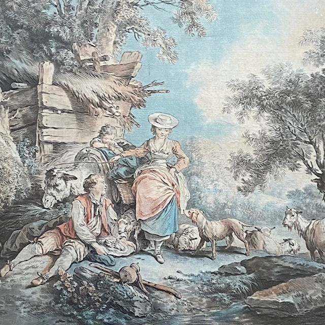 Large 19th Century Color Engraving, 18th Century Taste, Pastoral By Ap. J. B. Huet (1745-1811), Demarteau-photo-2