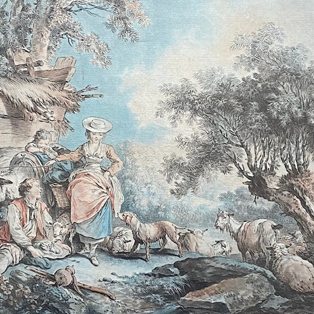 Large 19th Century Color Engraving, 18th Century Taste, Pastoral By Ap. J. B. Huet (1745-1811), Demarteau-photo-3