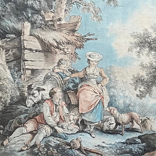Large 19th Century Color Engraving, 18th Century Taste, Pastoral By Ap. J. B. Huet (1745-1811), Demarteau-photo-4