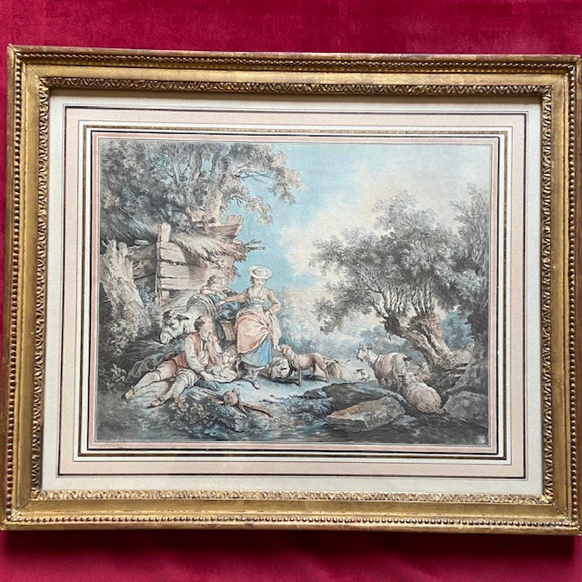 Large 19th Century Color Engraving, 18th Century Taste, Pastoral By Ap. J. B. Huet (1745-1811), Demarteau-photo-3