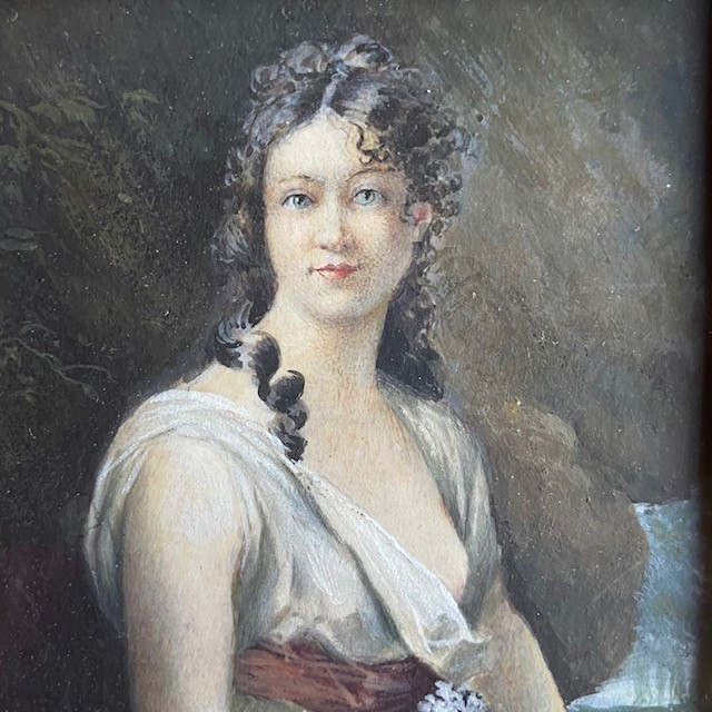 Ecole Française du XIXe siècle, petit portrait de jeune femme aux fleurs, gouache, cadre doré-photo-2