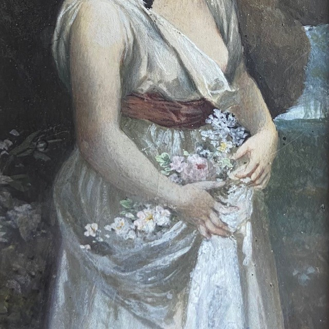 Ecole Française du XIXe siècle, petit portrait de jeune femme aux fleurs, gouache, cadre doré-photo-3