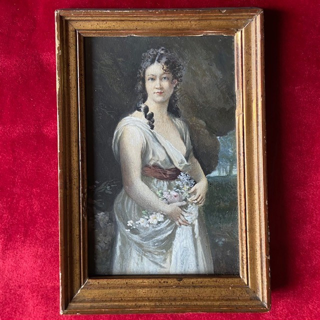 Ecole Française du XIXe siècle, petit portrait de jeune femme aux fleurs, gouache, cadre doré-photo-1