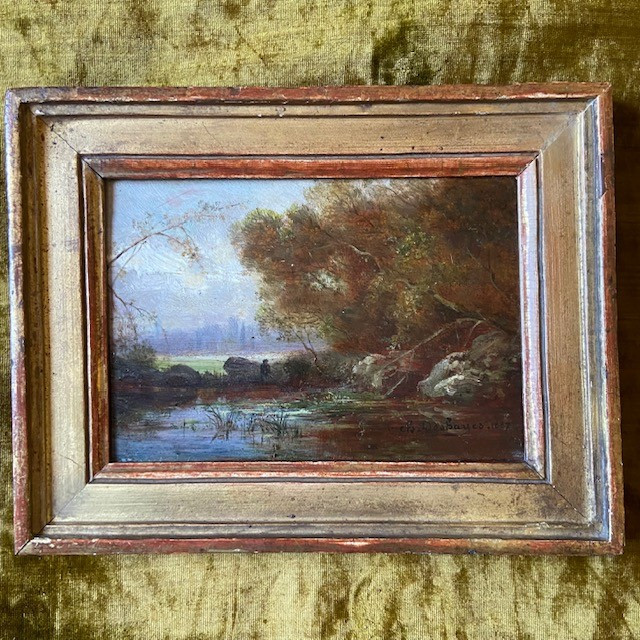 Paire d'huiles, panneaux, Ch. DESHAYES (1831-?), paysages datés signés, Fontainebleau, Barbizon-photo-2