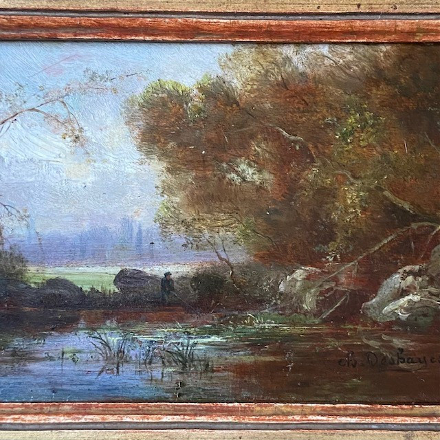 Paire d'huiles, panneaux, Ch. DESHAYES (1831-?), paysages datés signés, Fontainebleau, Barbizon-photo-4