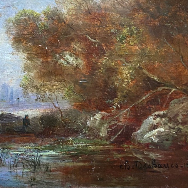 Paire d'huiles, panneaux, Ch. DESHAYES (1831-?), paysages datés signés, Fontainebleau, Barbizon-photo-1