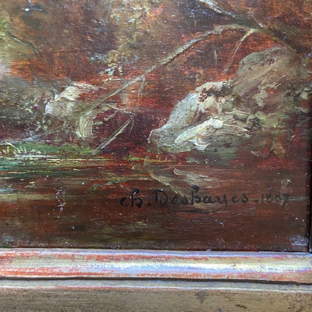 Paire d'huiles, panneaux, Ch. DESHAYES (1831-?), paysages datés signés, Fontainebleau, Barbizon-photo-2
