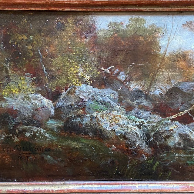 Paire d'huiles, panneaux, Ch. DESHAYES (1831-?), paysages datés signés, Fontainebleau, Barbizon-photo-4