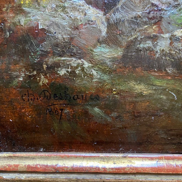 Paire d'huiles, panneaux, Ch. DESHAYES (1831-?), paysages datés signés, Fontainebleau, Barbizon-photo-5