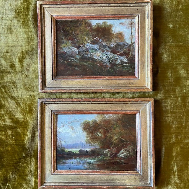Paire d'huiles, panneaux, Ch. DESHAYES (1831-?), paysages datés signés, Fontainebleau, Barbizon-photo-8