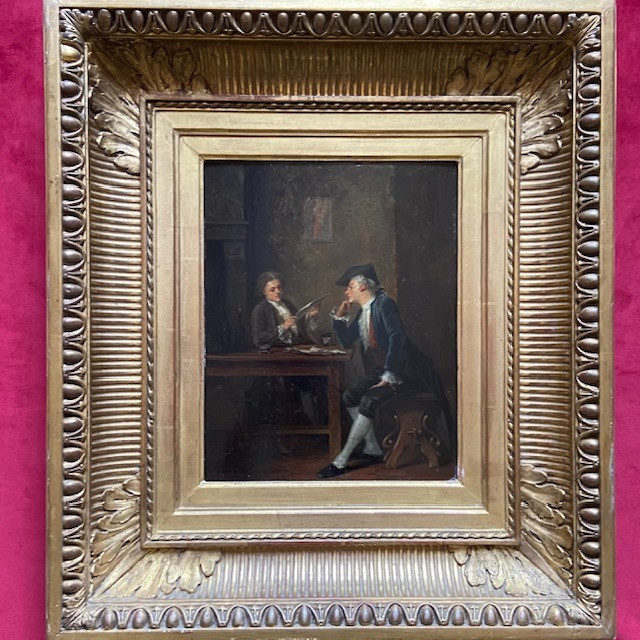 A. F. MONTFALLET (1816-1900), la Lecture, gentilshommes, huile, cadre à canaux, DROLLING, PICOT