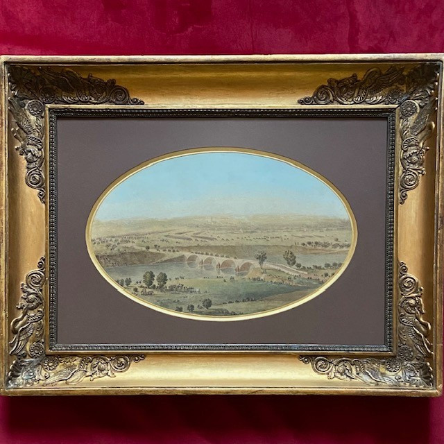 Att. à Théodore JUNG (1803-1865), scène de bataille,  grande aquarelle, ovale, cadre Empire-photo-4