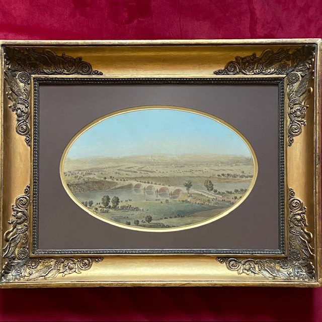 Att. à Théodore JUNG (1803-1865), scène de bataille,  grande aquarelle, ovale, cadre Empire