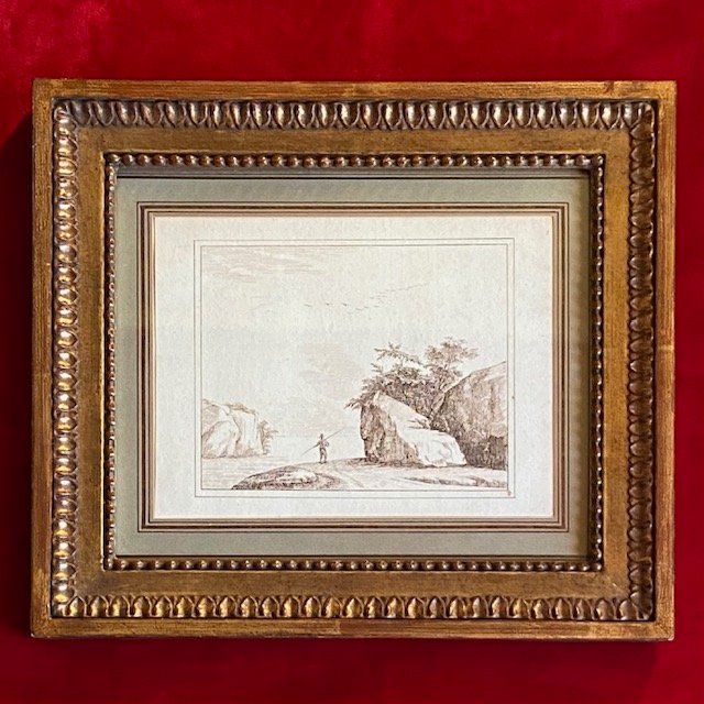 18th-century Flemish School, Landscape, Fisherman, Ink, Lugt Collection Number 2059, Frame  