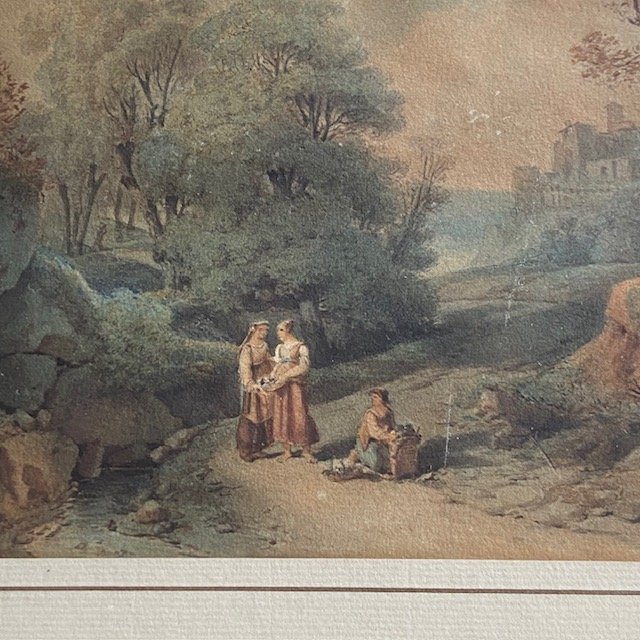 Claude THIENON (1772-1848), MOREAU, paysage animé, Italie Tivoli Rome, fleur, aquarelle signée -photo-3