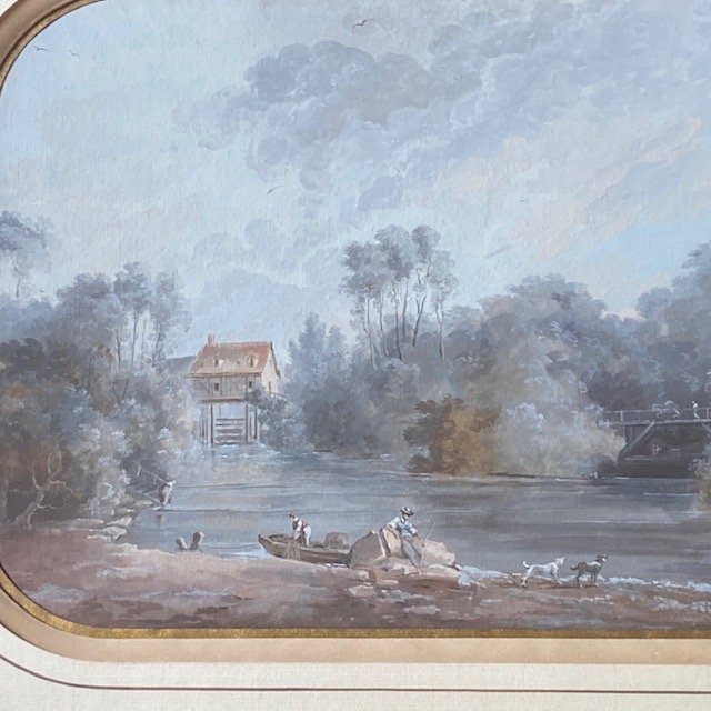 19th-century School, By Louis Belanger (1736/56–1816), *fishermen*, Lively Landscape, Gouache, Rounded Corners-photo-2