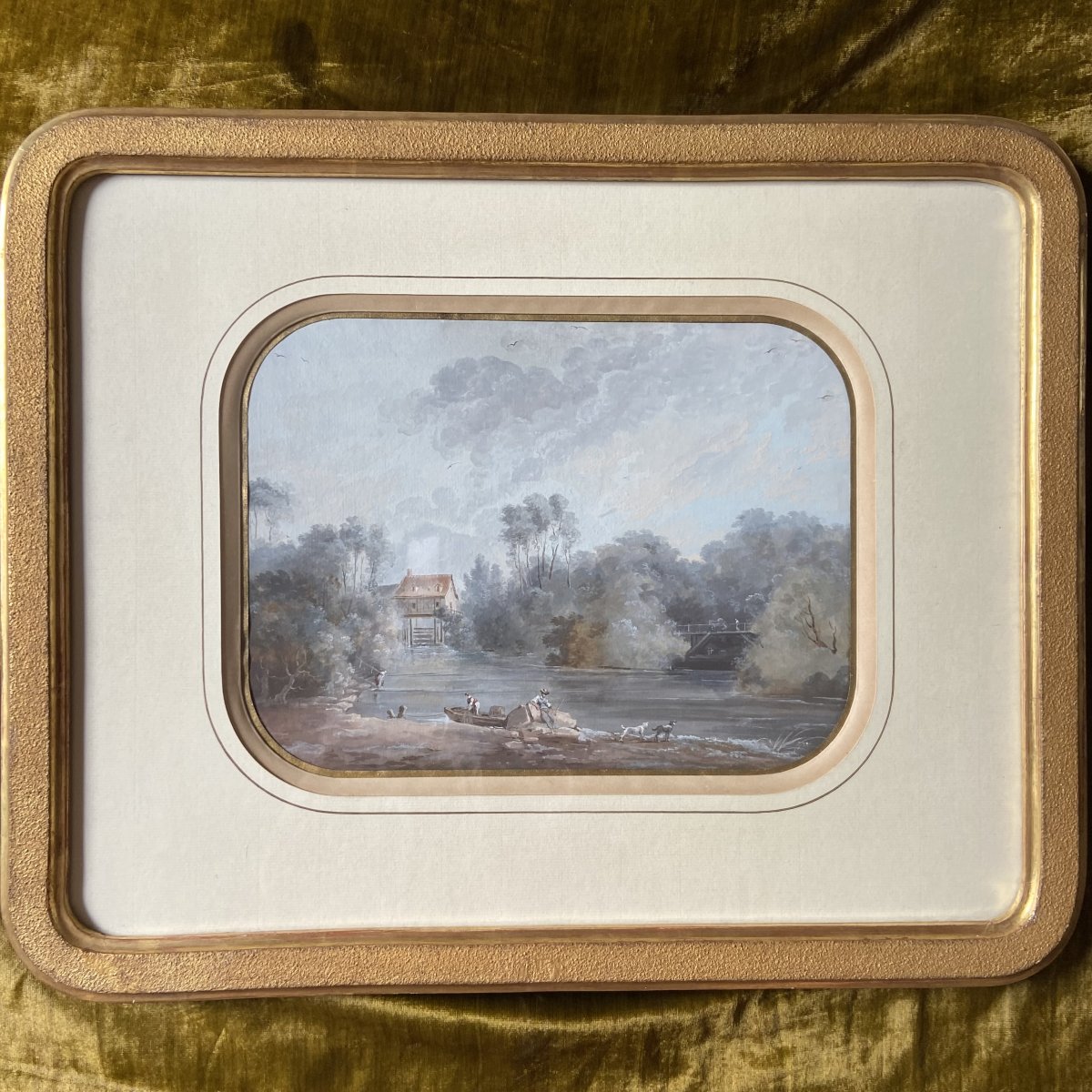 19th-century School, By Louis Belanger (1736/56–1816), *fishermen*, Lively Landscape, Gouache, Rounded Corners-photo-1