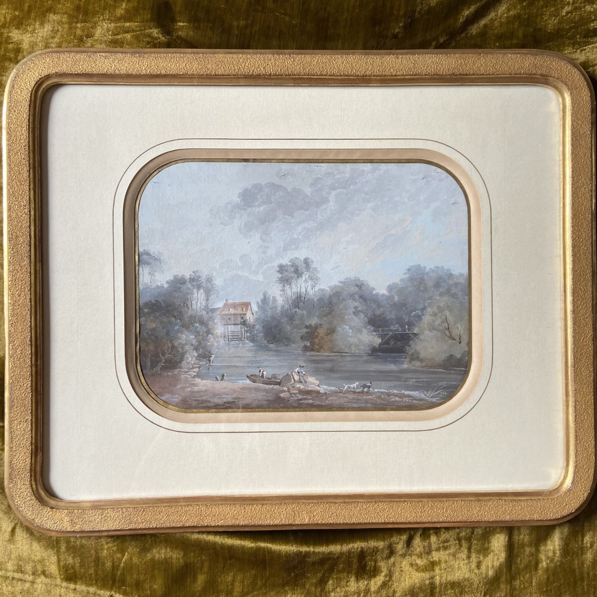 19th-century School, By Louis Belanger (1736/56–1816), *fishermen*, Lively Landscape, Gouache, Rounded Corners