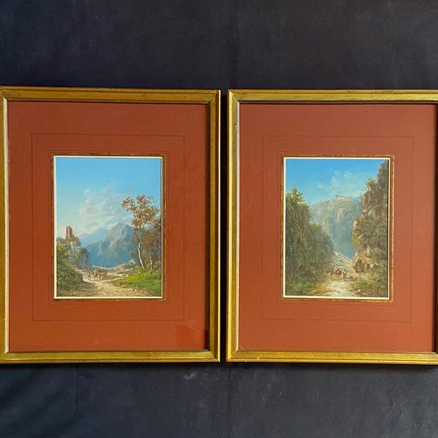 Paul PASCAL (1832/39-1905), paysages animés italiens, paire de gouaches, signées et datées 1874
