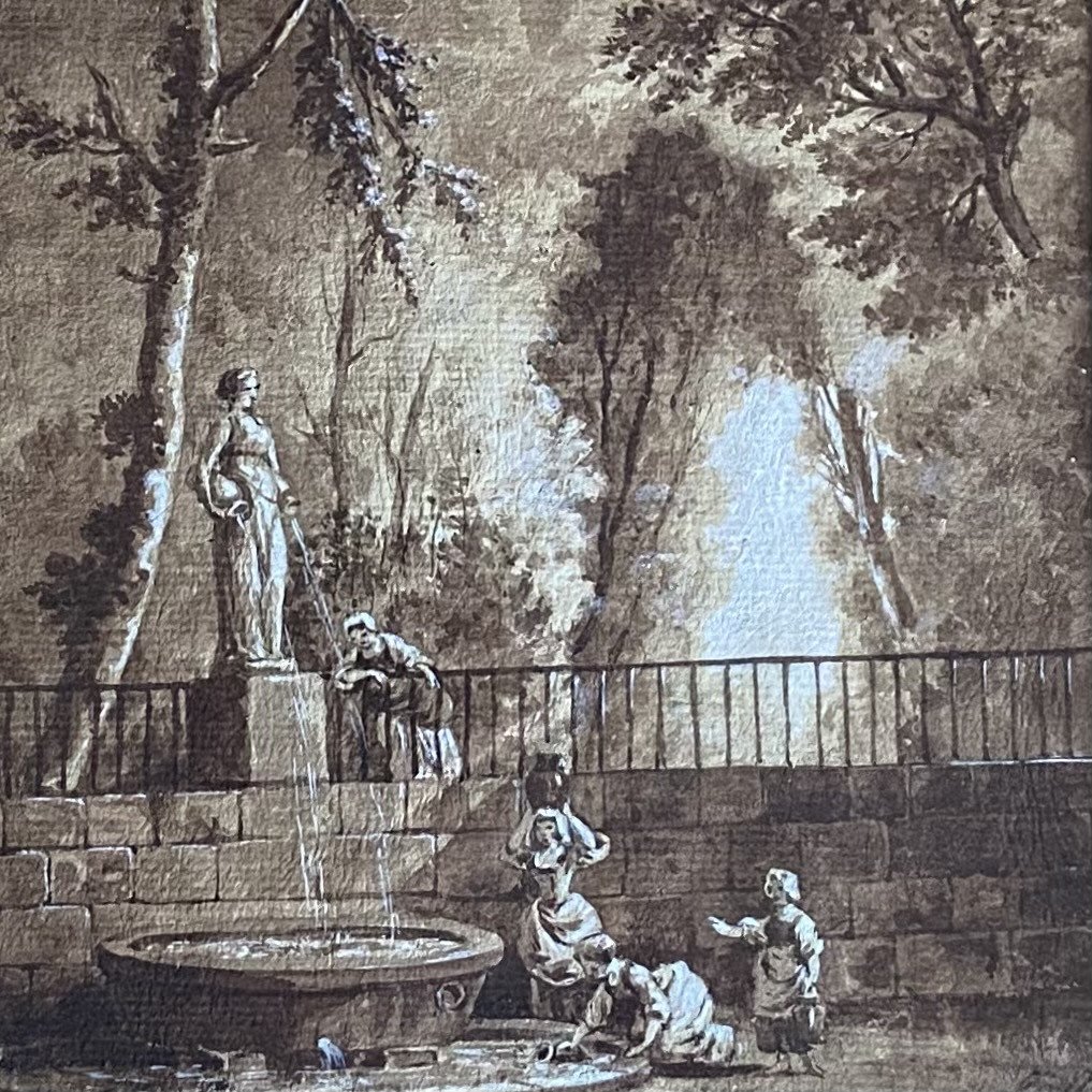 Ecole Française Du XVIIIe, Ent d'Hubert Robert (1733-1808) , Femmes à La Fontaine, Lavis, Cadre