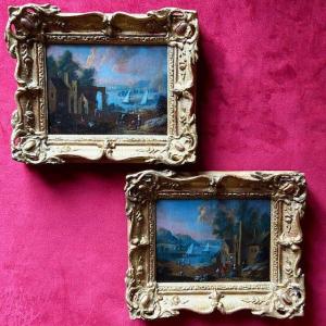 Flemish School From The Early 18th Century, Pair Of Oak Panels, Animated Landscape, Small Frame