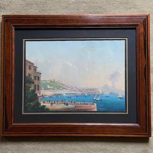 Neapolitan School Late 19th Century, Large Gouache, Eruption Of Vesuvius, Rosewood Frame