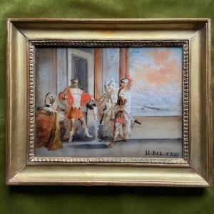 French School 19th Century, 18th Century Taste, Fixed Under Glass, Painting, Antique Scene, King, Old Frame