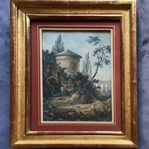 French School Late 18th Early 19th Century By Lg Moreau, Architected Animated Landscape, Gouache