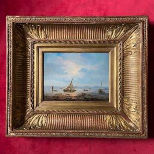 Henriette Gudin (1825-1876), Marine, Beach, Boats, Oil On Panel, Old Canal Frame 