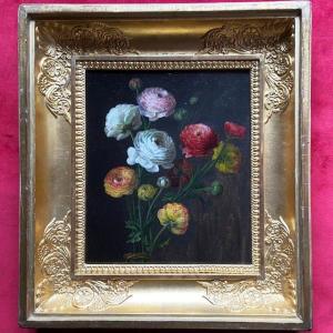 Att. à Lesourd-Beauregard, élève De Van Spaendonck, Fleurs, Renoncules, Cadre Restauration XIXe