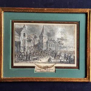DIRK LANGENDIJK ( 1748-1805), scène militaire, encre plume et lavis, signé daté, cadre ancien