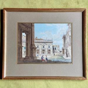 19th-century Italian School, Rome, Lively Landscape, The Capitoline Hill, Architecture, Watercolor