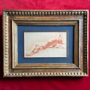 French School, 18th Century, Male Academy Drawing In Red Chalk, Reclining Nude, Antique Frame 